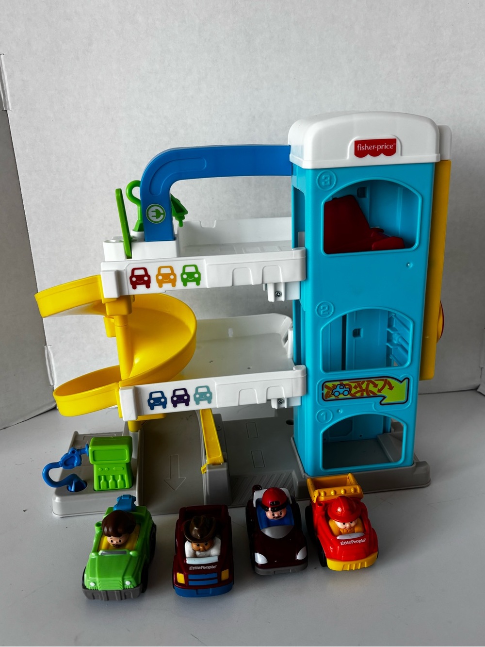 Fisher Price Little People Parking Garage Ramp Bell & Elevator Work w/ Four Cars